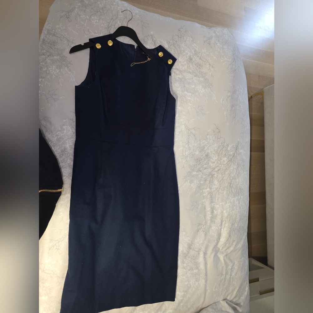 Brooks Brothers Navy Midi Sheath Dress with Gold Button Accents
